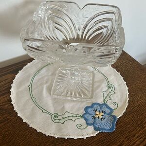 Vtg Square Cut Crystal 13” Tall Pedestal Compote Bowl Etched Flowers Centerpiece